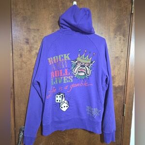 ED HARDY Designs by Christian Audiger Bulldog Beaded Jeweled Purple Zip Hoodie L